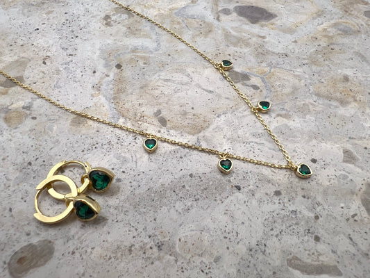 Emerald Green Heart Shaped Hooped-Earrings and Necklace Set