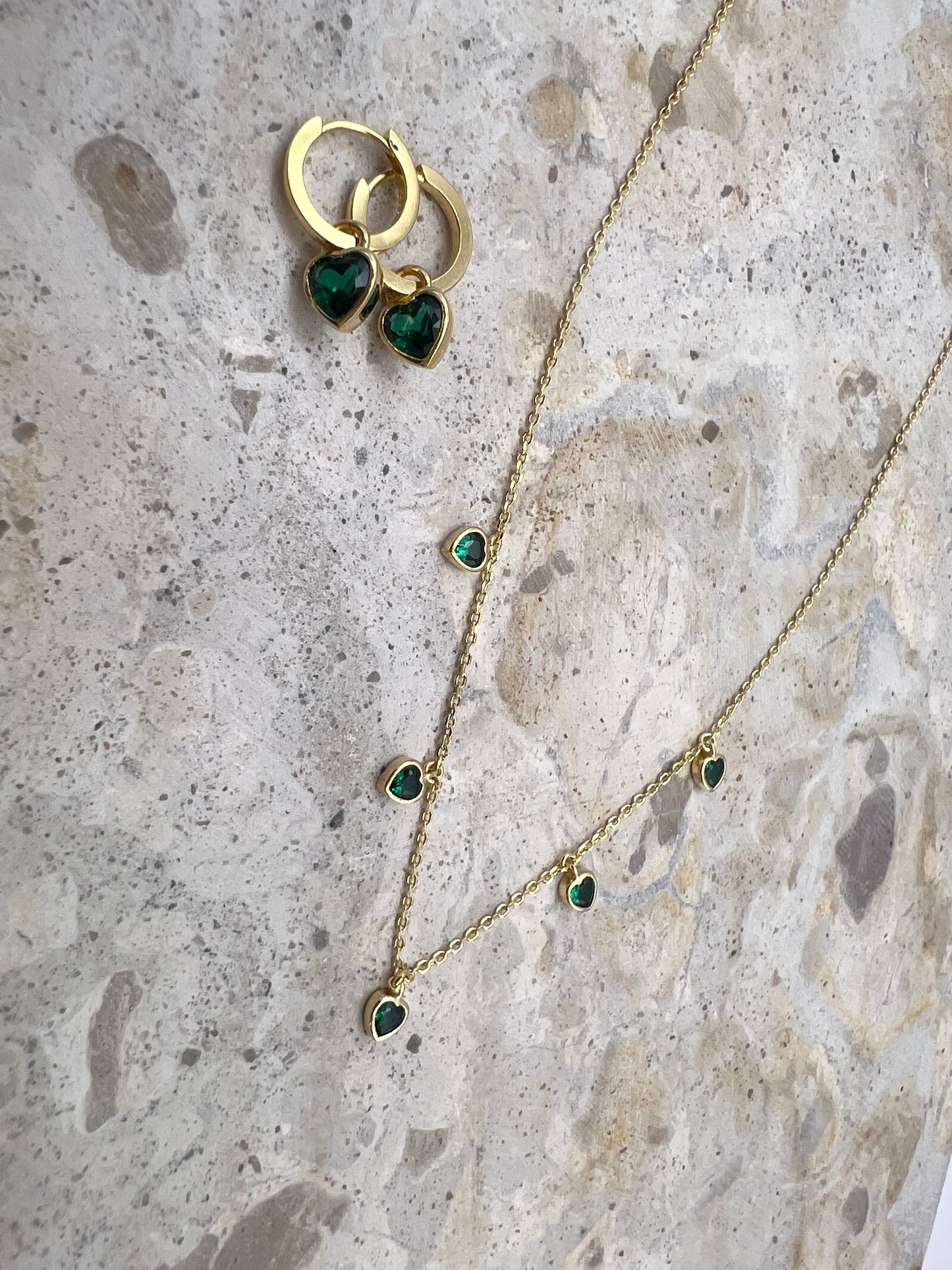 Emerald Green Heart Shaped Hooped-Earrings and Necklace Set