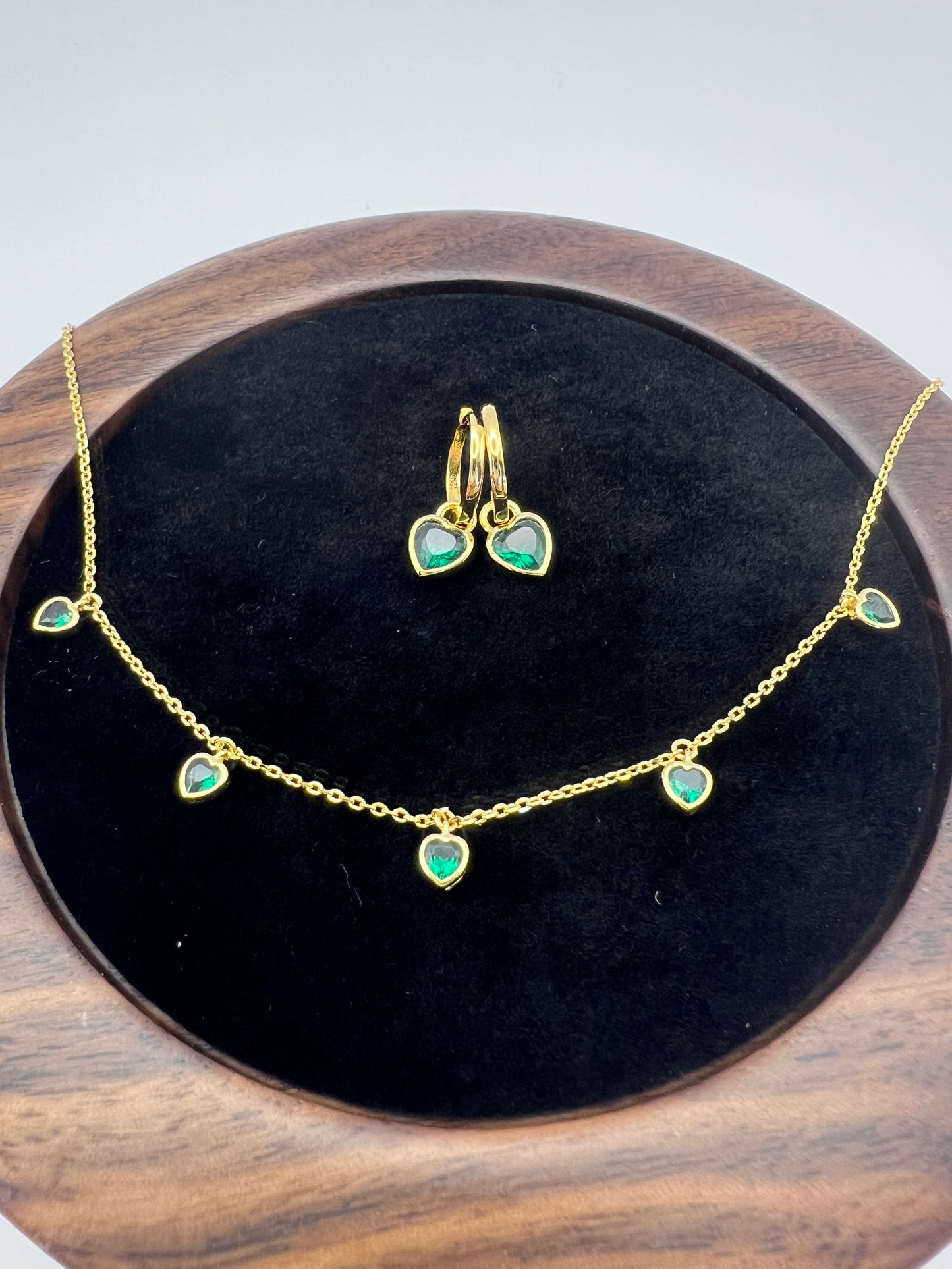 Emerald Green Heart Shaped Hooped-Earrings and Necklace Set