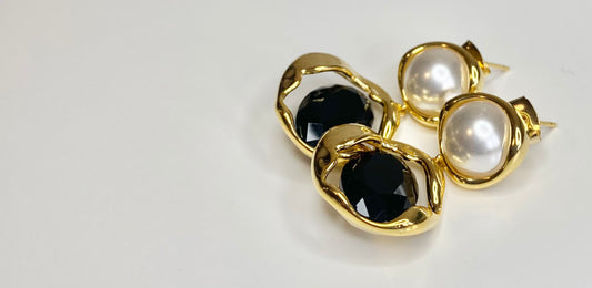 Pearl and Black Crystal Dropped-Earrings